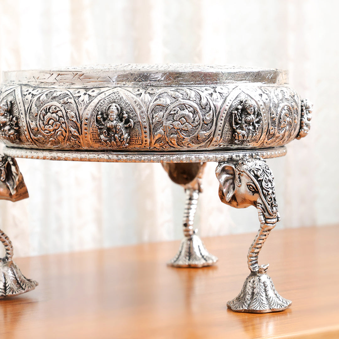 Silver Plated Brass Ashtalakshmi Chowki With Elephant Pillars (6.5 Inch)