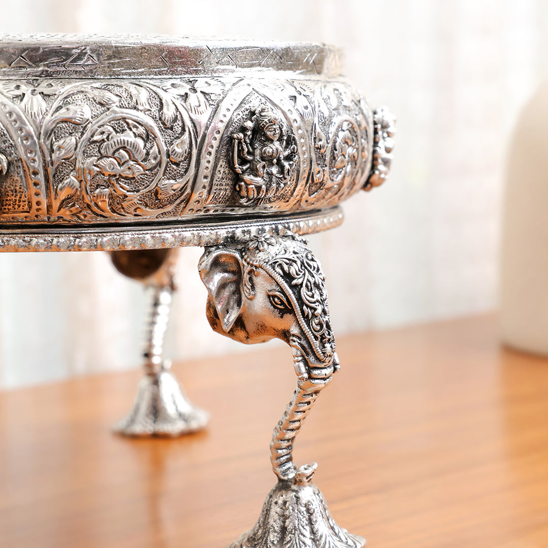 Silver Plated Brass Ashtalakshmi Chowki With Elephant Pillars (6.5 Inch)