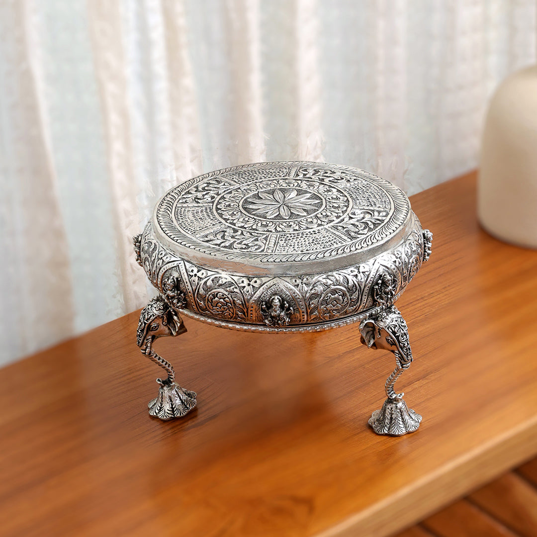 Silver Plated Brass Ashtalakshmi Chowki With Elephant Pillars (6.5 Inch)