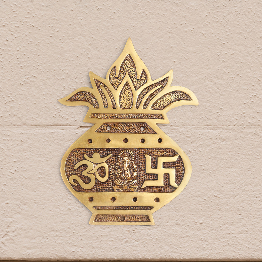 Brass Handcrafted  Hanging Kalash Wall Plaque with Om, Swastik & Lord Ganesha Motif (8 Inch)