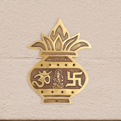 Brass Handcrafted  Hanging Kalash Wall Plaque with Om, Swastik & Lord Ganesha Motif (8 Inch)