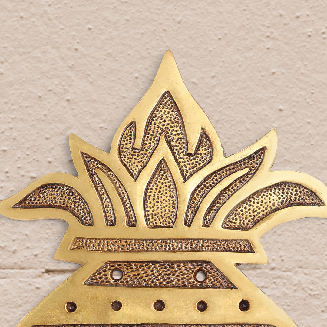 Brass Handcrafted  Hanging Kalash Wall Plaque with Om, Swastik & Lord Ganesha Motif (8 Inch)
