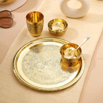 Brass Hand carved Thali/Dinner Set (900 Gram)