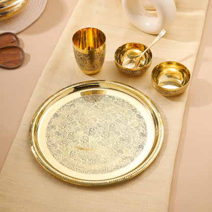 Brass Hand carved Thali/Dinner Set (900 Gram)