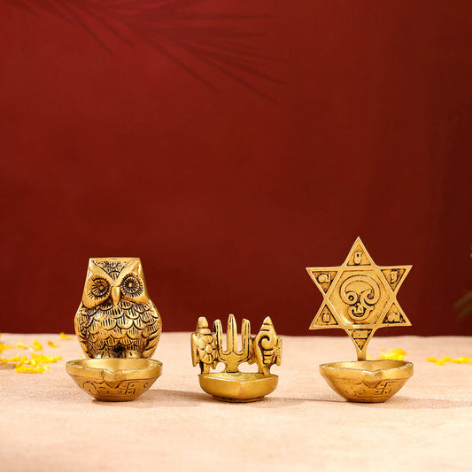Brass Shankh Chakra Namah, Star Vel & Owl Diya