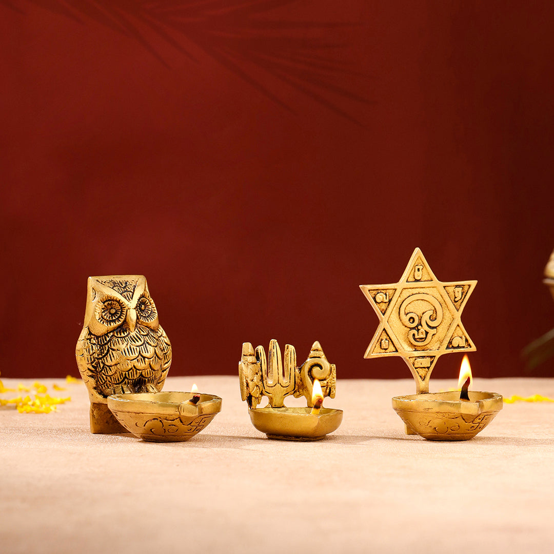 Brass Shankh Chakra Namah, Star Vel & Owl Diya
