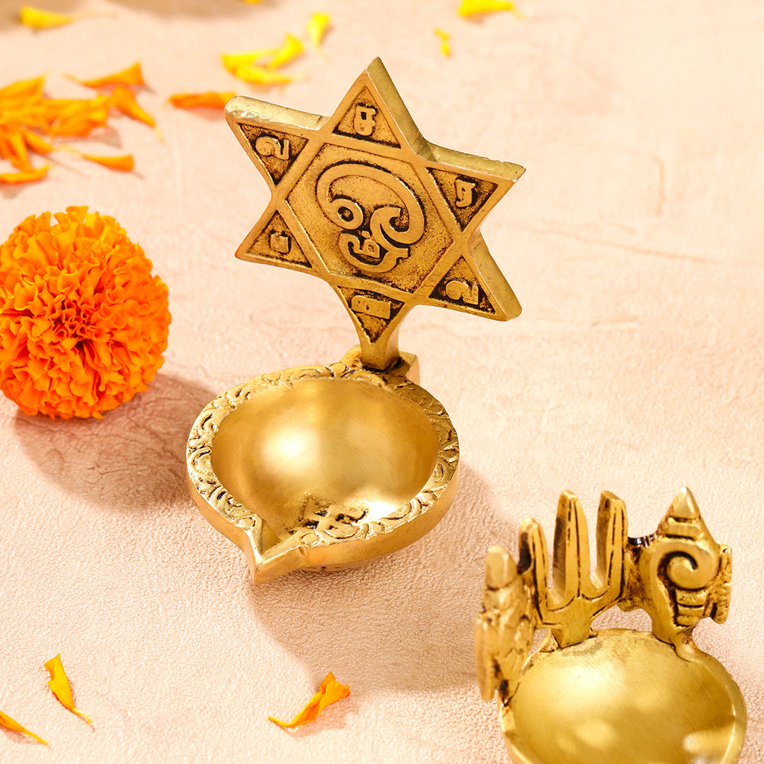 Brass Shankh Chakra Namah, Star Vel & Owl Diya