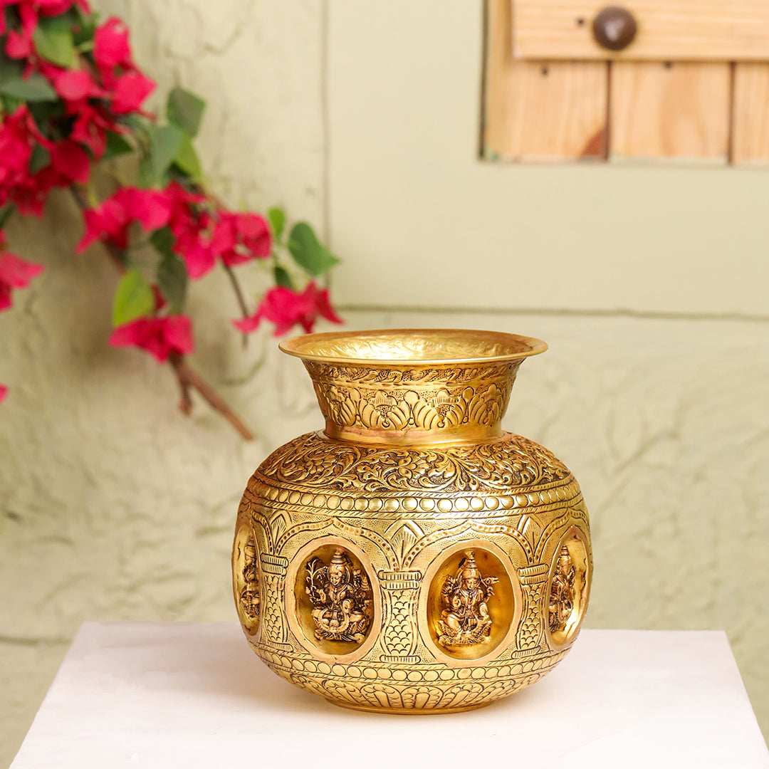 Brass Handcrafted Kalash with Velvet Box – Ashtalakshmi & Dashavatar