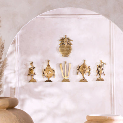 Brass Shankh Chakra Namah Garuda Hanuman And Kalash Wall Hanging Set