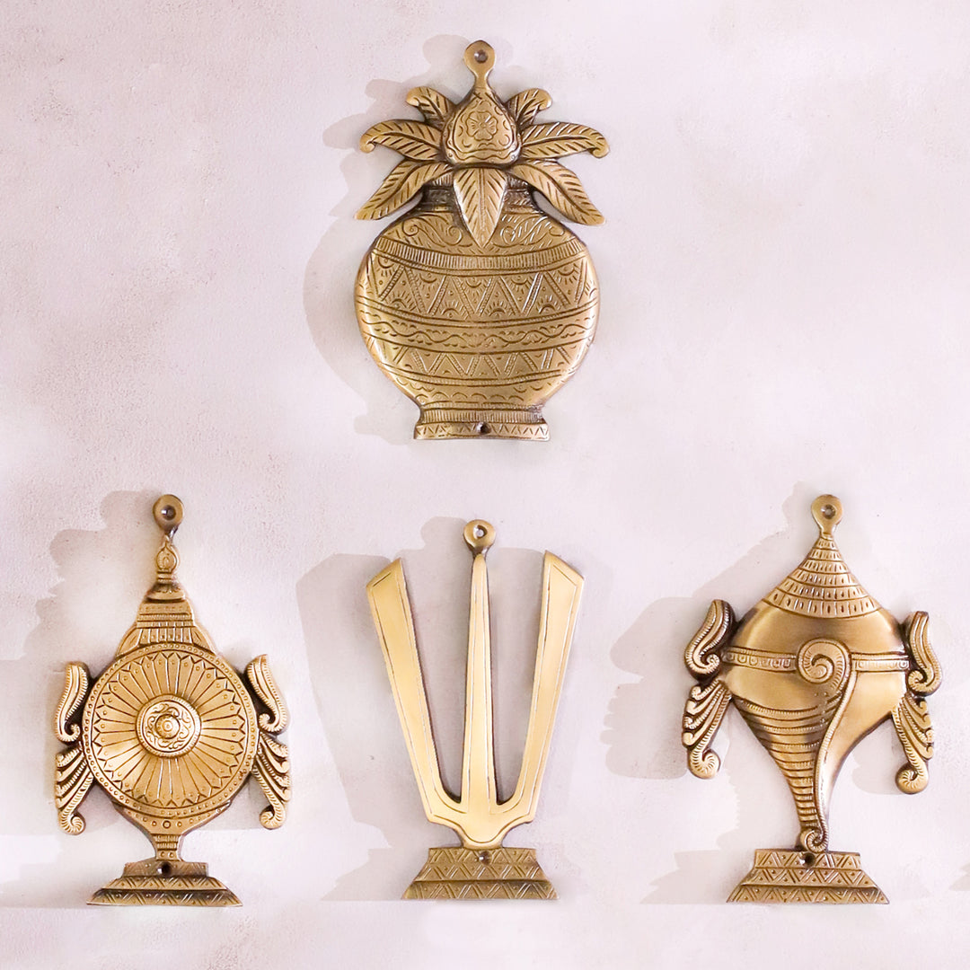 Brass Shankh Chakra Namah Garuda Hanuman And Kalash Wall Hanging Set