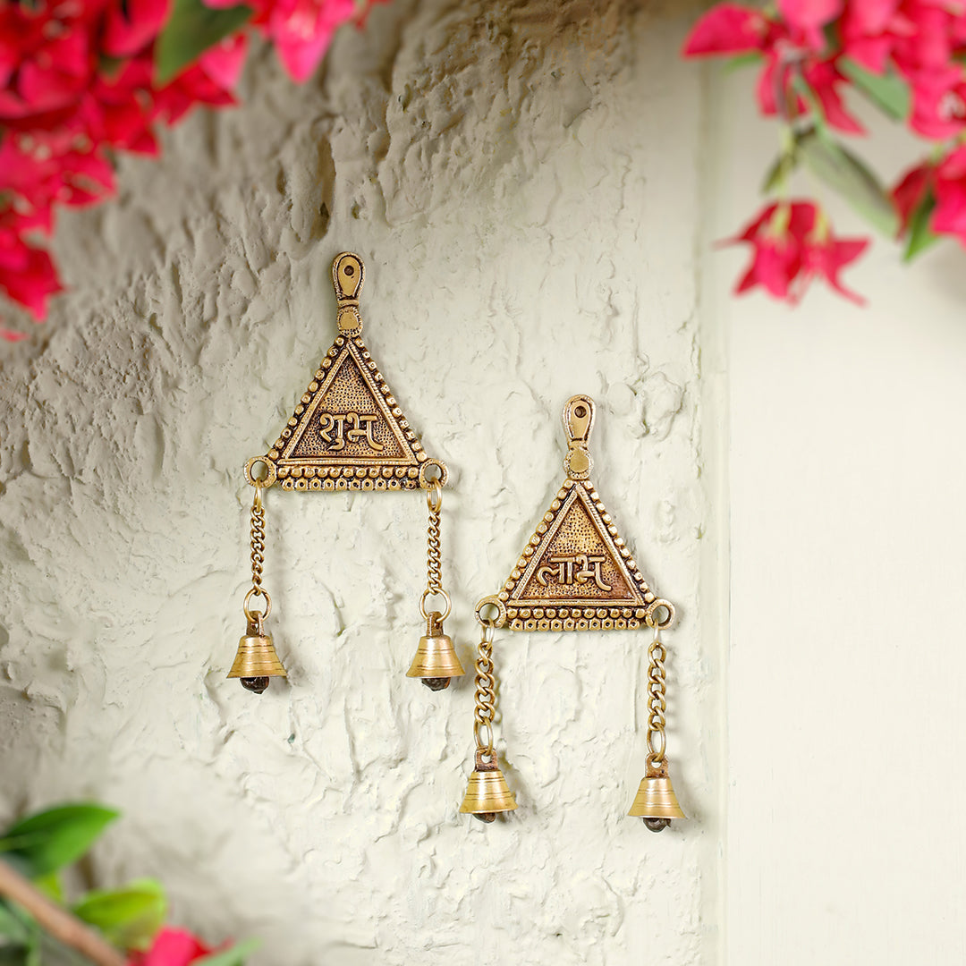 Brass "Shubh Labh" Hanging Bells Wall Decor – Pair