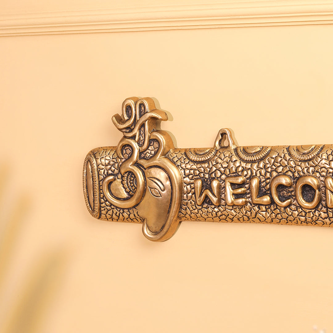 Brass Ganesha "Welcome" Wall Hanging Plate (15.5 Inch)