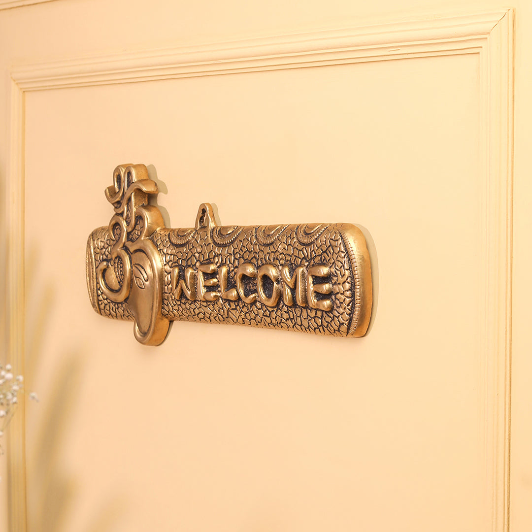 Brass Ganesha "Welcome" Wall Hanging Plate (15.5 Inch)