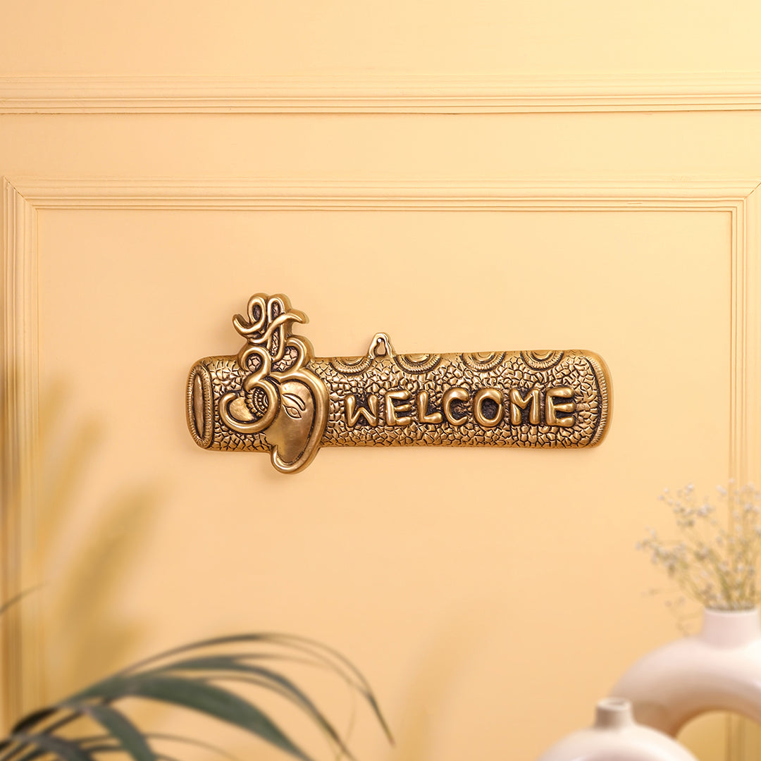Brass Ganesha "Welcome" Wall Hanging Plate (15.5 Inch)
