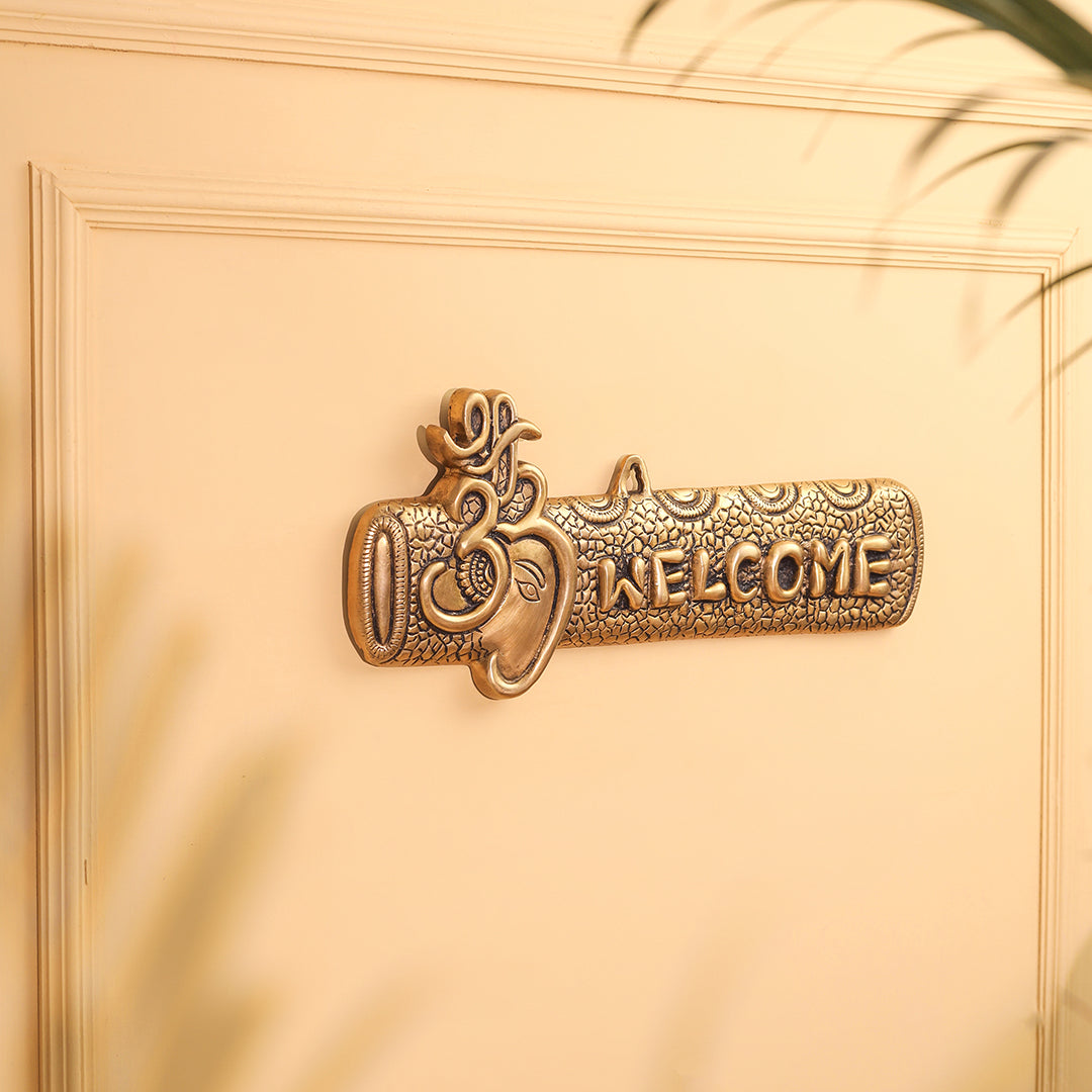 Brass Ganesha "Welcome" Wall Hanging Plate (15.5 Inch)