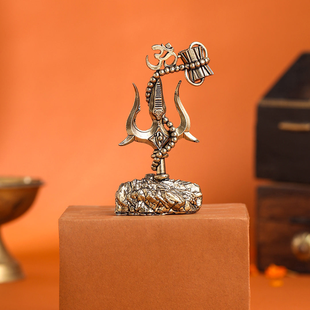 Brass Trishul with Damru & Om (4 Inch)
