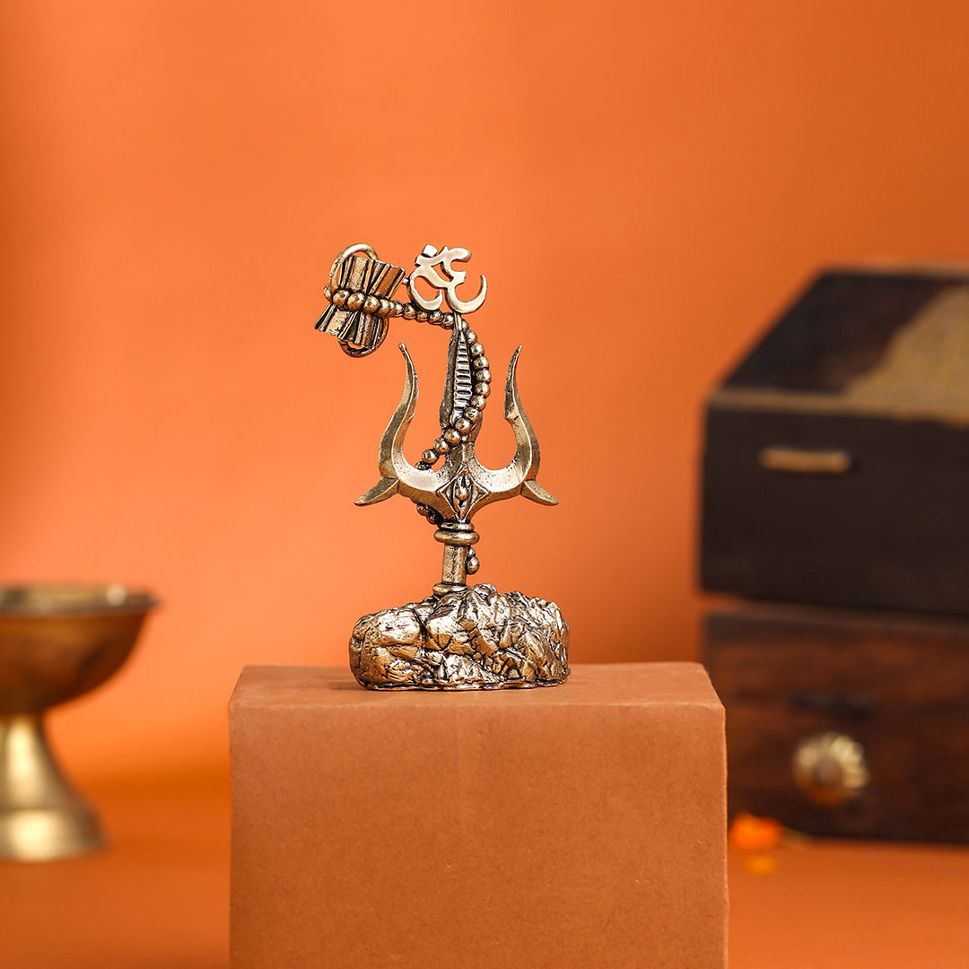 Brass Trishul with Damru & Om (4 Inch)