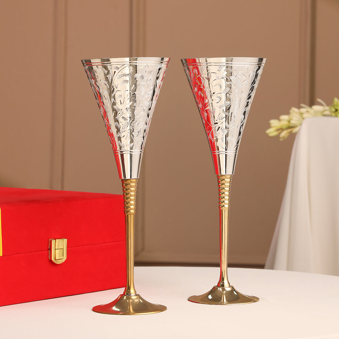 Silver Plated & Brass Champagne Engraved Wine Glass Pair With Velvet Box (9.1 Inch)