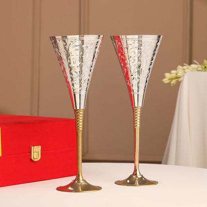 Silver Plated & Brass Champagne Engraved Wine Glass Pair With Velvet Box (9.1 Inch)