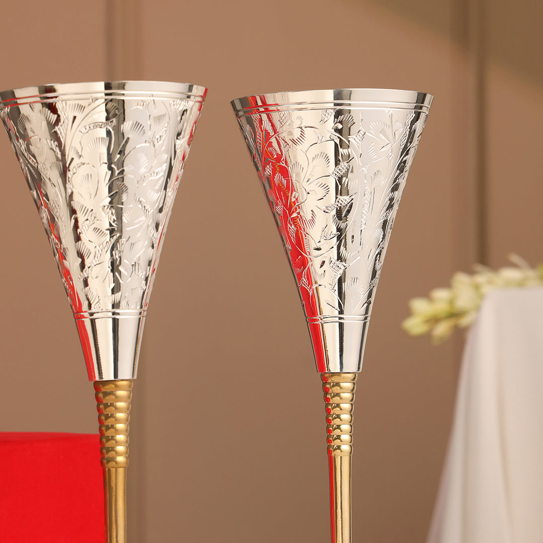 Silver Plated & Brass Champagne Engraved Wine Glass Pair With Velvet Box (9.1 Inch)