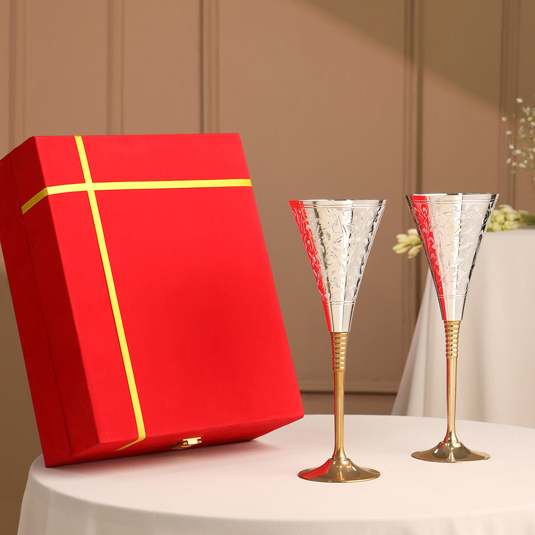 Silver Plated & Brass Champagne Engraved Wine Glass Pair With Velvet Box (9.1 Inch)