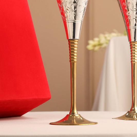 Silver Plated & Brass Champagne Engraved Wine Glass Pair With Velvet Box (9.1 Inch)
