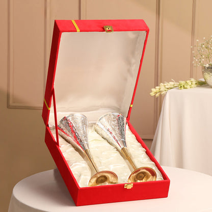 Silver Plated & Brass Champagne Engraved Wine Glass Pair With Velvet Box (9.1 Inch)