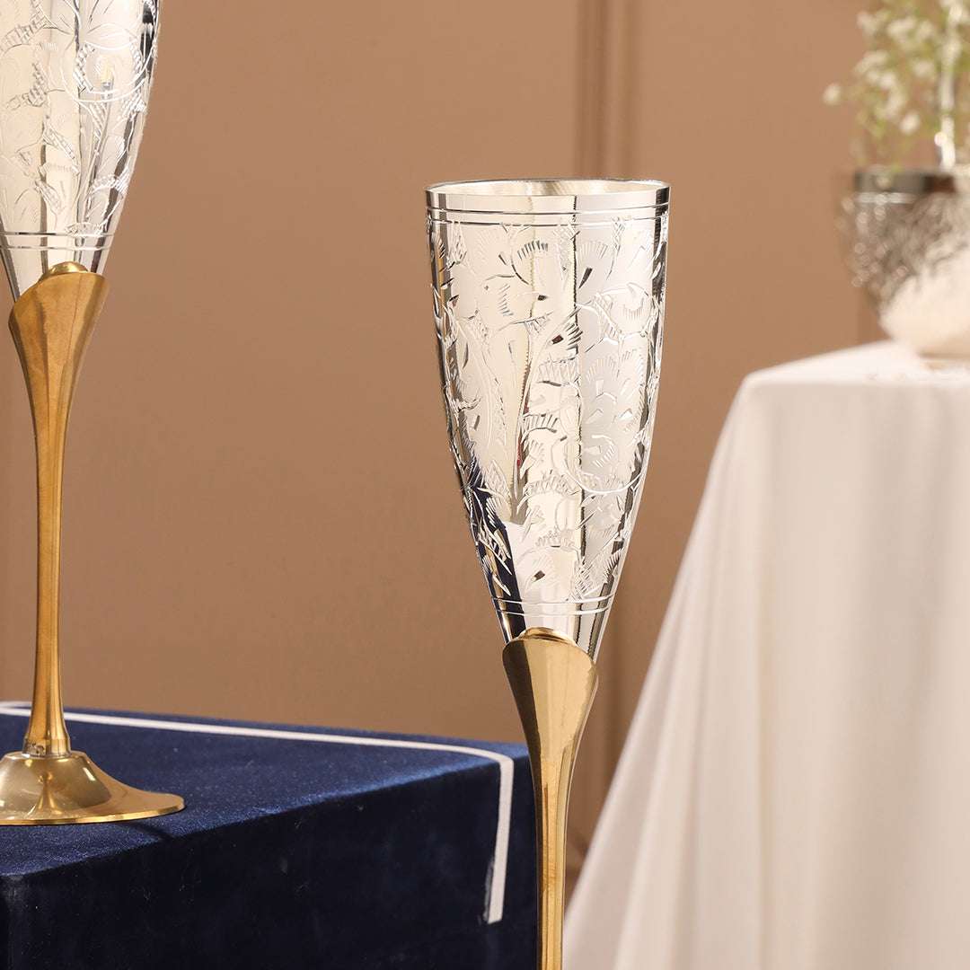Brass Silver Plated Champagne Engraved Wine Glass Pair With Velvet Box (6.5 Inch)