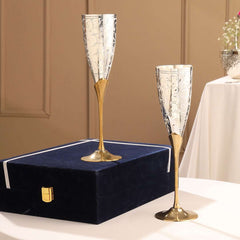 Brass Silver Plated Champagne Engraved Wine Glass Pair With Velvet Box (6.5 Inch)