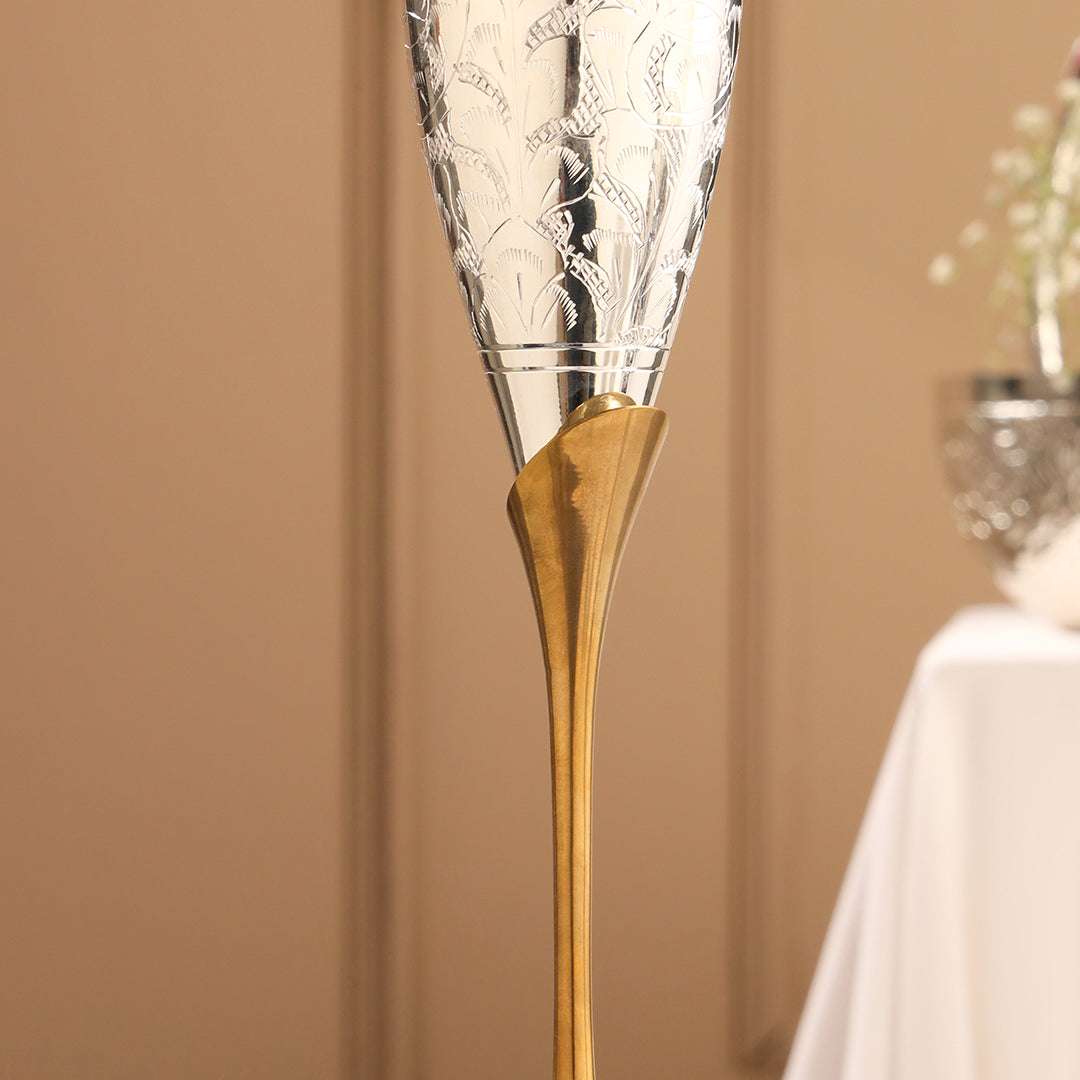 Brass Silver Plated Champagne Engraved Wine Glass Pair With Velvet Box (6.5 Inch)