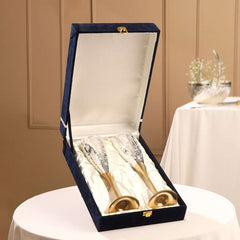 Brass Silver Plated Champagne Engraved Wine Glass Pair With Velvet Box (6.5 Inch)