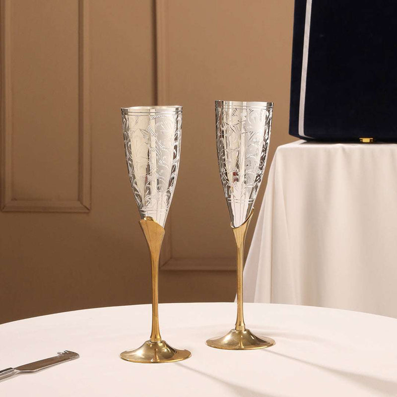 Brass Silver Plated Champagne Engraved Wine Glass Pair With Velvet Box (6.5 Inch)