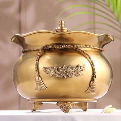 Brass Floral Decorative Handi with Lid Neck Ribbon Bow Design