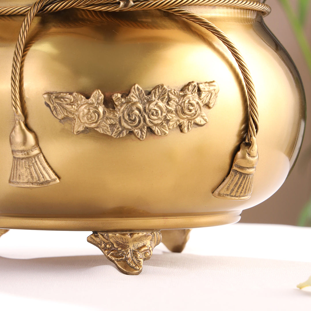 Brass Floral Decorative Handi with Lid Neck Ribbon Bow Design