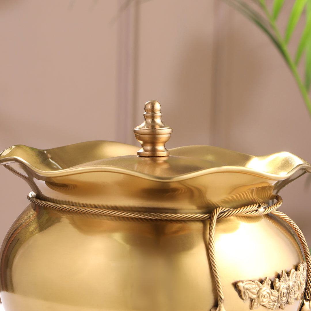 Brass Floral Decorative Handi with Lid Neck Ribbon Bow Design
