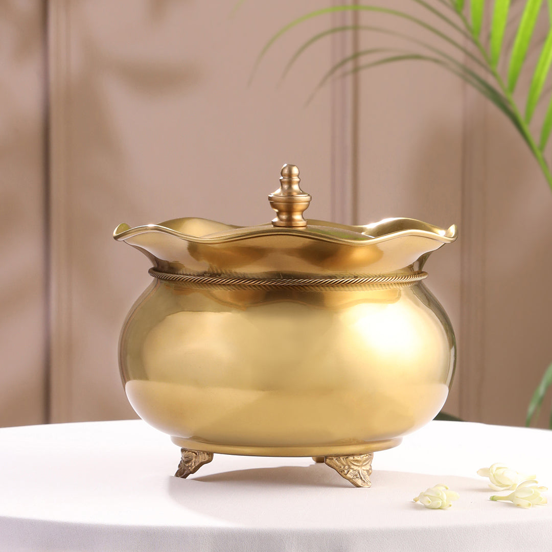 Brass Floral Decorative Handi with Lid Neck Ribbon Bow Design