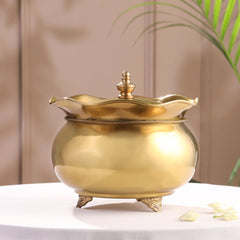 Brass Floral Decorative Handi with Lid Neck Ribbon Bow Design