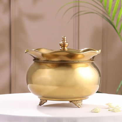Brass Floral Decorative Handi with Lid Neck Ribbon Bow Design