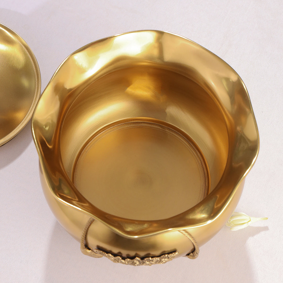 Brass Floral Decorative Handi with Lid Neck Ribbon Bow Design