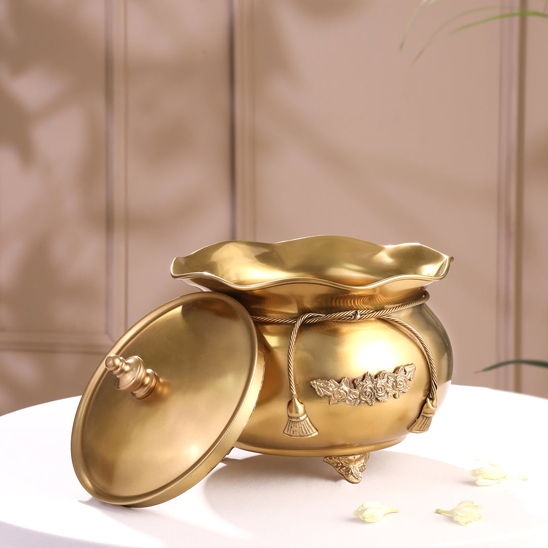 Brass Floral Decorative Handi with Lid Neck Ribbon Bow Design