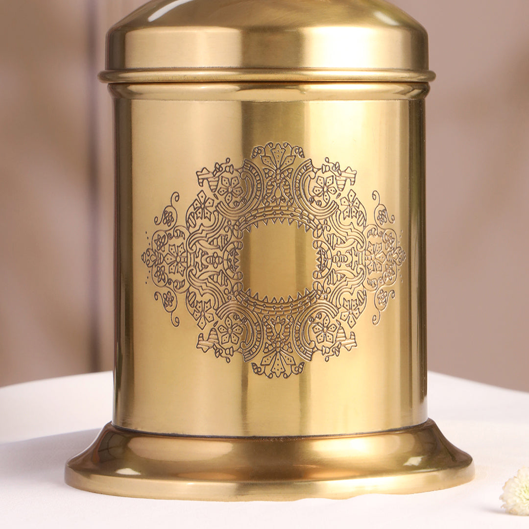 Brass Embossed Design Jar with leaf knob on lid, Brass Decorative Storage Box
