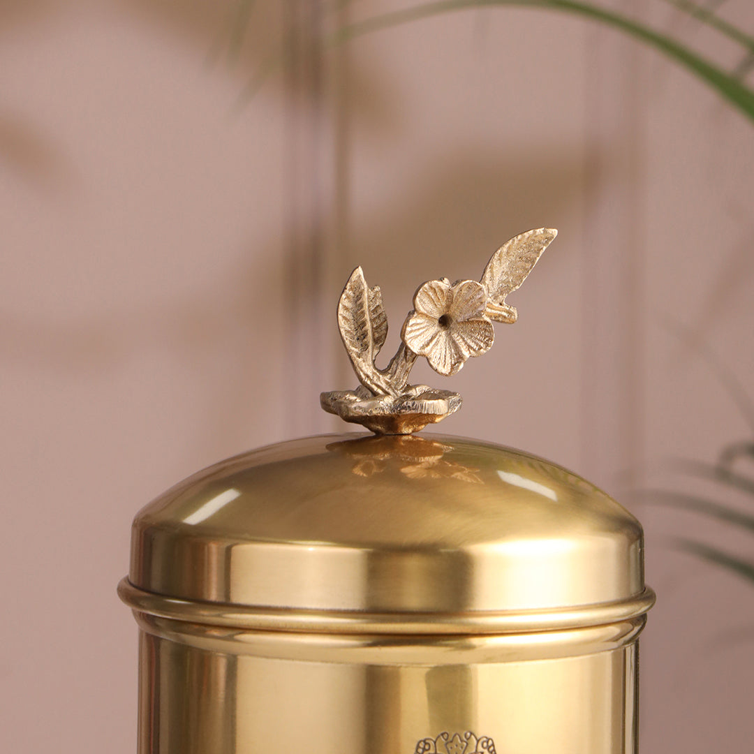Brass Embossed Design Jar with leaf knob on lid, Brass Decorative Storage Box