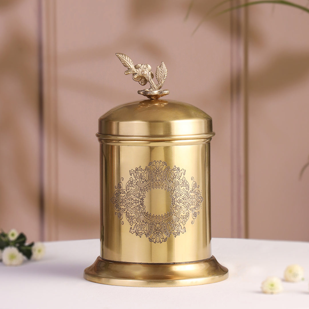 Brass Embossed Design Jar with leaf knob on lid, Brass Decorative Storage Box