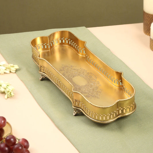 Brass Matt Finished Decorative Rectangular Shape Designer Tray With Legs (15.8 Inch)