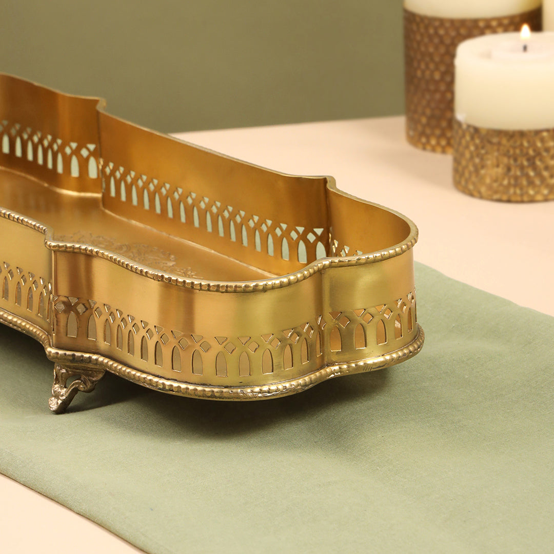 Brass Matt Finished Decorative Rectangular Shape Designer Tray With Legs (15.8 Inch)