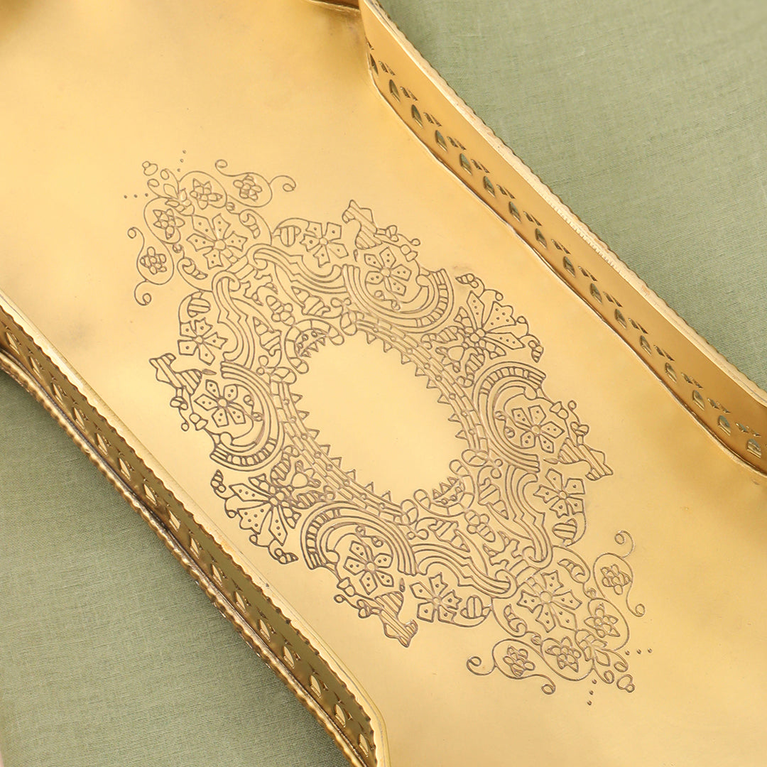 Brass Matt Finished Decorative Rectangular Shape Designer Tray With Legs (15.8 Inch)