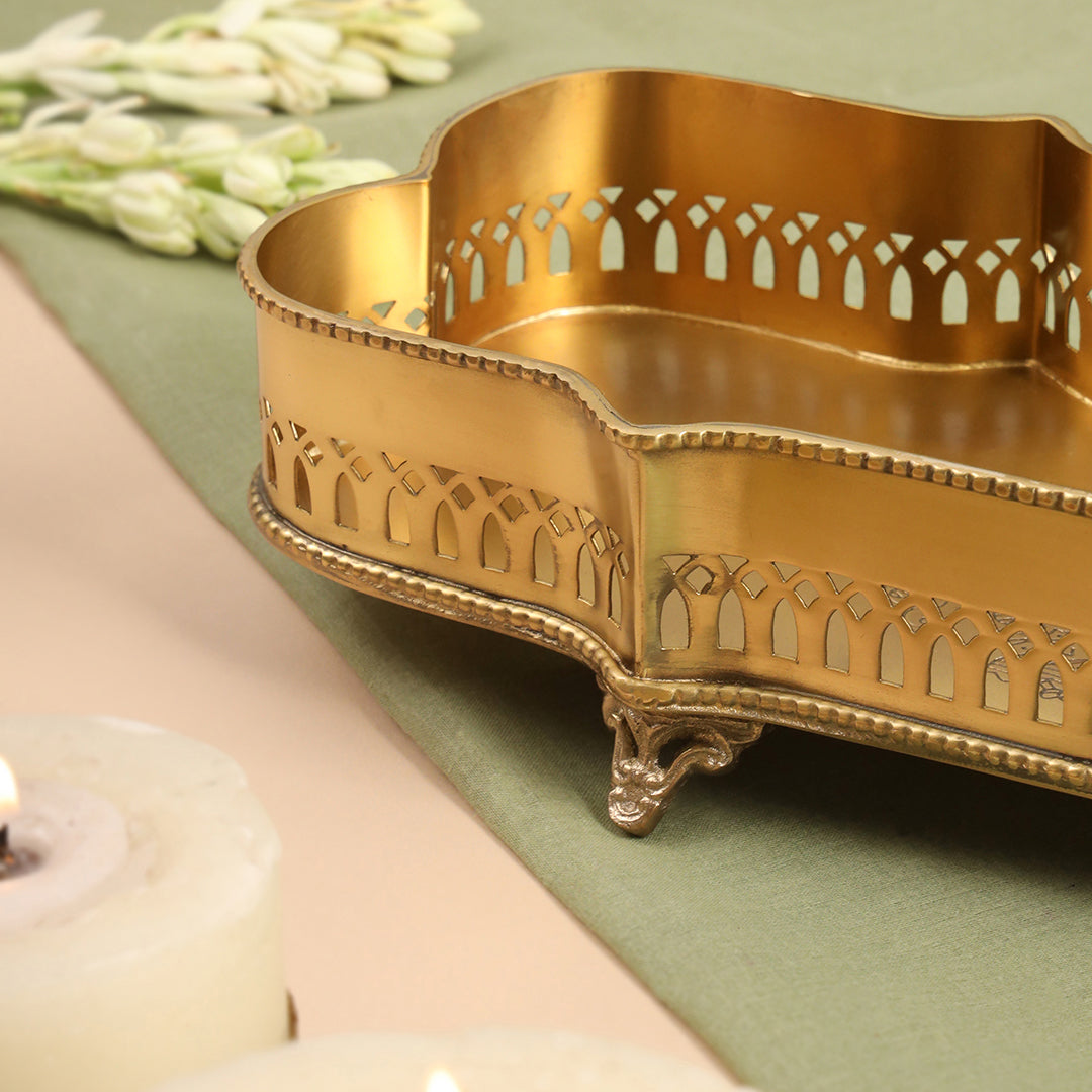 Brass Matt Finished Decorative Rectangular Shape Designer Tray With Legs (15.8 Inch)