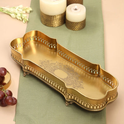 Brass Matt Finished Decorative Rectangular Shape Designer Tray With Legs (15.8 Inch)