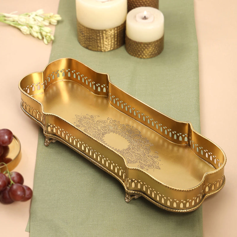 Brass Matt Finished Decorative Rectangular Shape Designer Tray With Legs (15.8 Inch)