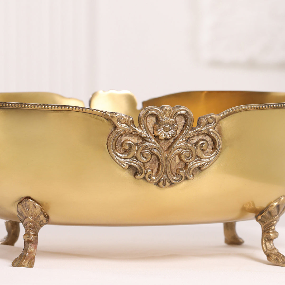 Brass Bowl Embossed Design With Decorative Style Handle (16 Inch)